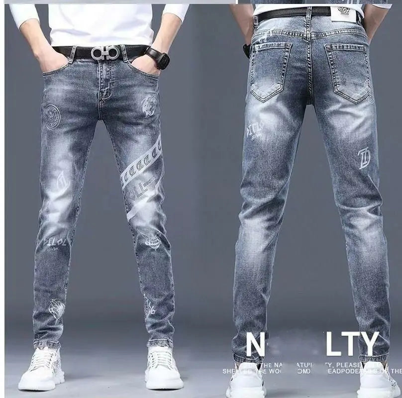 High End Stylish Classic Distinctive Printed Black Stretch Denim Jeans for Men High Quality Slim Fit Stretch Luxury Denim Pants