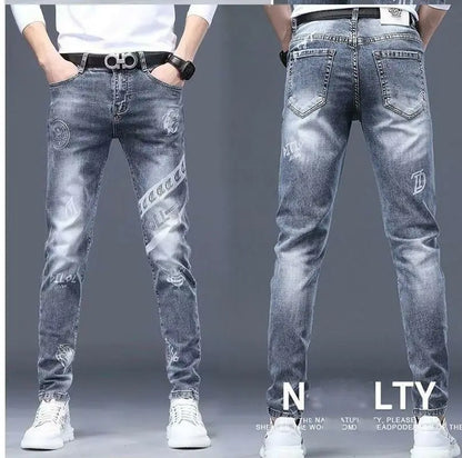 High End Stylish Classic Distinctive Printed Black Stretch Denim Jeans for Men High Quality Slim Fit Stretch Luxury Denim Pants