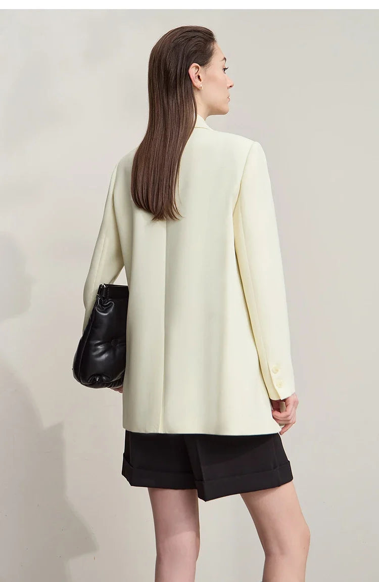 Blazers For Woman 2025 Autumn New Loose Beige Solid Elegant Blazer Ladies Long Sleeves Medium Long Women's Jacket 12553007