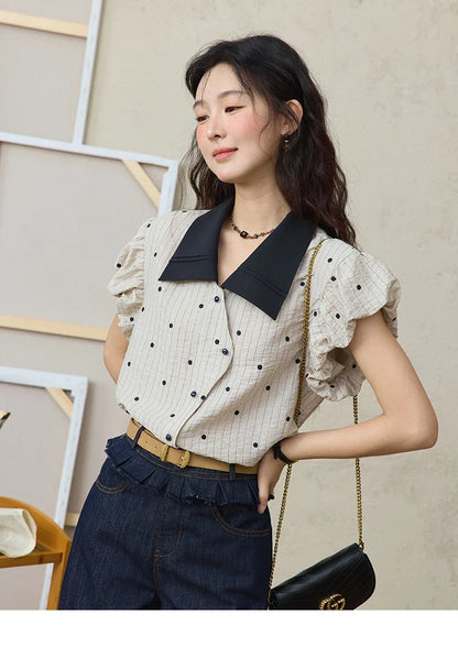 Summer Office Lady Blouses Women 2025 Short Sleeve Turn-down Collar Polka Dot Shirts Female Fashion Slim Tops MXE31C0776