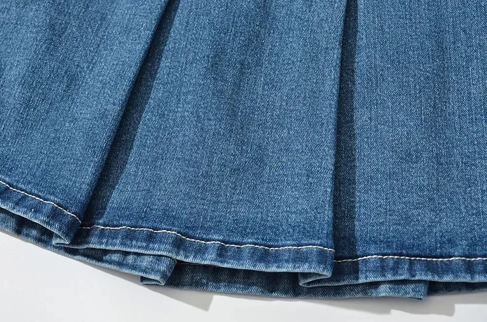 2025 Summer New TARUXY Denim Y2k Skirt with Pleats and Belt 90s E-girl Korean Skirts For Women High Street Jeans Short Bottom
