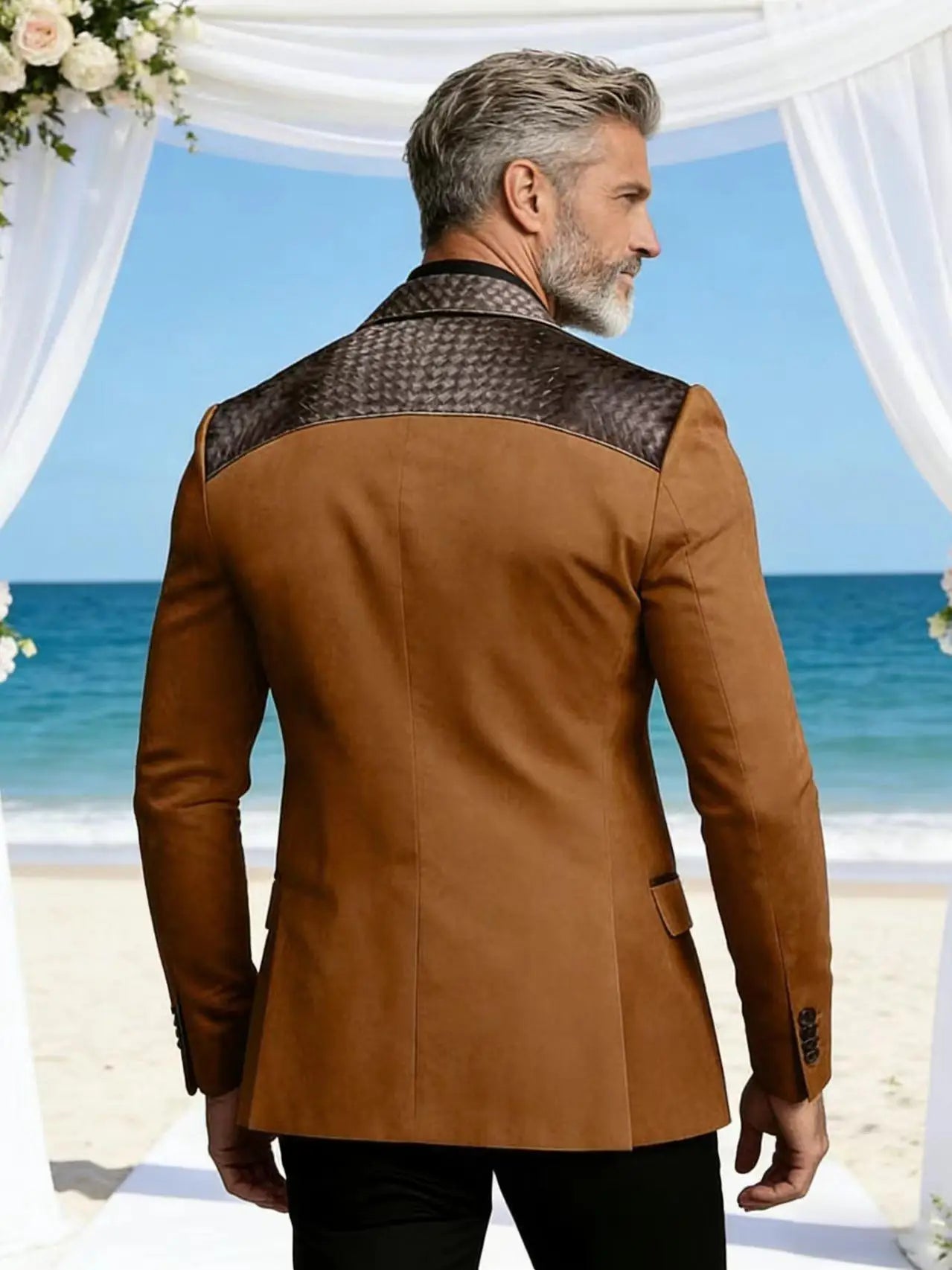 Men's Faux Suede Jacket with PU Leather Collar & Shoulder Two-Tone Blazer Contrast Trim Coat