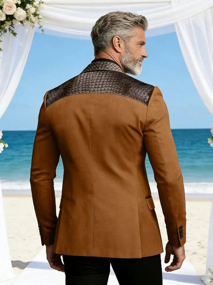 Men's Faux Suede Jacket with PU Leather Collar & Shoulder Two-Tone Blazer Contrast Trim Coat