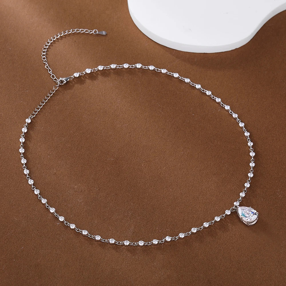 3MM Round Bubble Waterdrop Moissanite Diamond Tennis Neclace with 3ct Waterdrop Pendant NeckChain for Women 925 Silver Jewelry