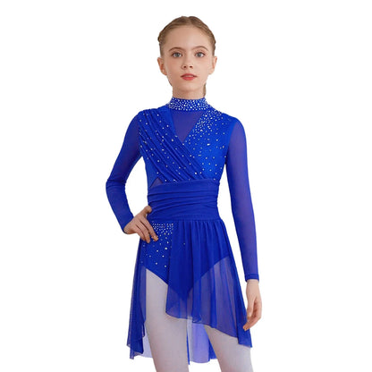 Kids Girls Gymnastics Figure Skating Ballet Lyrical Dance Costume Dress Side Split Sheer Mesh Ruched Glittery Rhinestones Dress