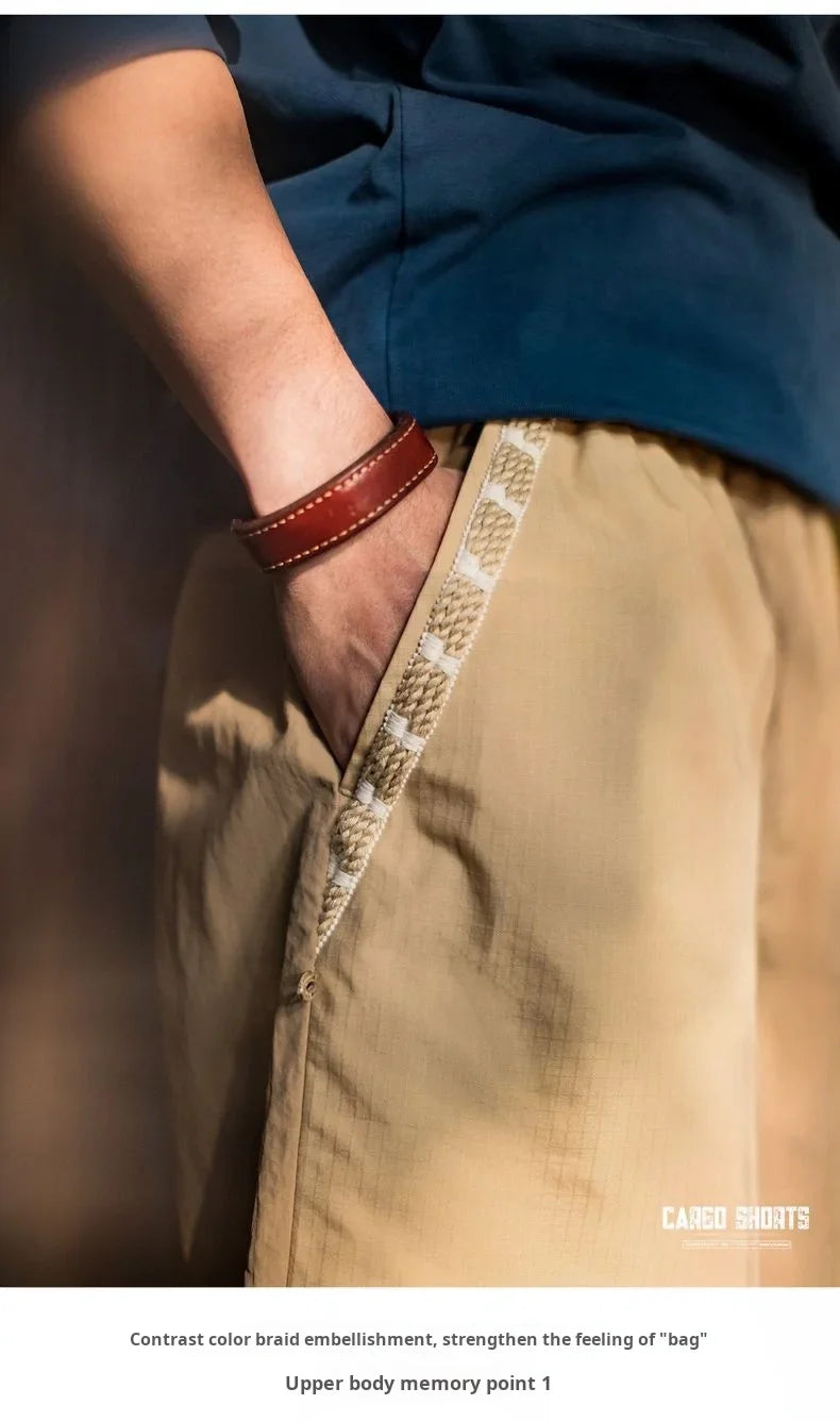 Maden Outdoor Quick-Dry Khaki Cargo Shorts Men's Summer Lightweight Woven Straight Leg Beach Pants Elastic Waist Pocket Shorts
