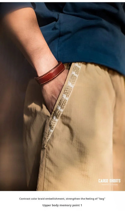 Maden Outdoor Quick-Dry Khaki Cargo Shorts Men's Summer Lightweight Woven Straight Leg Beach Pants Elastic Waist Pocket Shorts