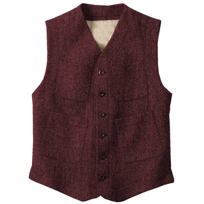 Men Vest Brown Herringbone Single Button With Pocket Waistcoat For Wedding Party Business Work Office Daily Men Suit Vest