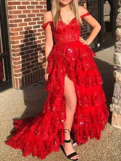 Purple Evening Gown Beach Sequin Tiered Prom Dress Spaghetti Strap Pleats Appliques Evening Dress with Side Slit Customized