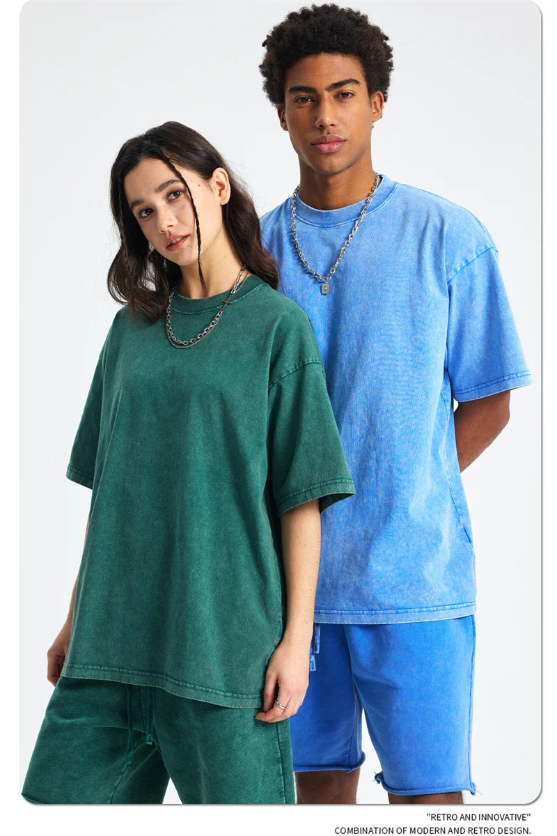 2025 High Street Summer Washed Cotton T-Shirt Tees For Men Unisex Loose Retro Solid T Shirts Brand Tops HY0113