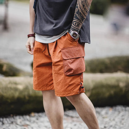 Summer Men Straight Shorts Orange Patchwork Gingham Loose Beach Pants Plus Size Shorts Elastic Waist Light Breathable