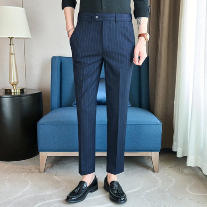 Men's Elastic Waist Striped Suit Pants 2025 New Social Casual Trousers Slim Fit Suit Pants Business Office Wedding Men Clothing