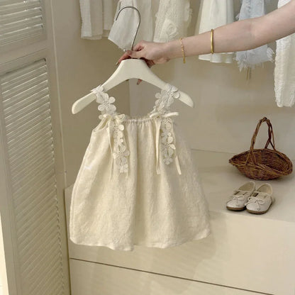 Summer Girls Casual Dresses with Hat Children's Clothing 2025 New Girls' Hollow Out Sleeveless Skirt Children's Lace Dress