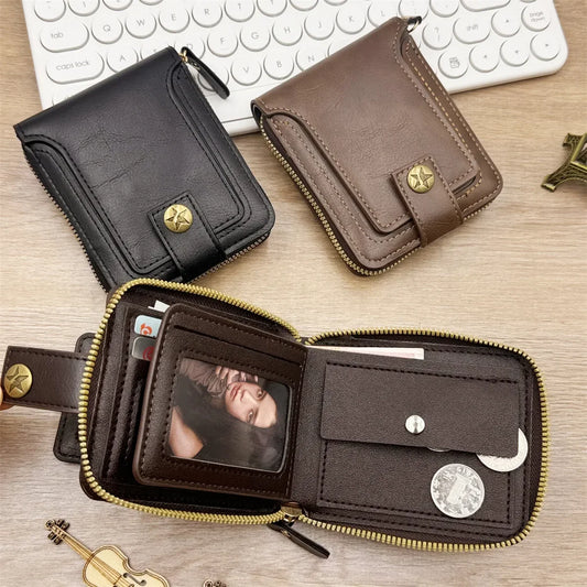 Portefeuille vintage pour homme en cuir PU, petit portefeuille court pour homme avec fermoir et fermeture éclair, couleur unie, portefeuilles de haute qualité, durables et pratiques.