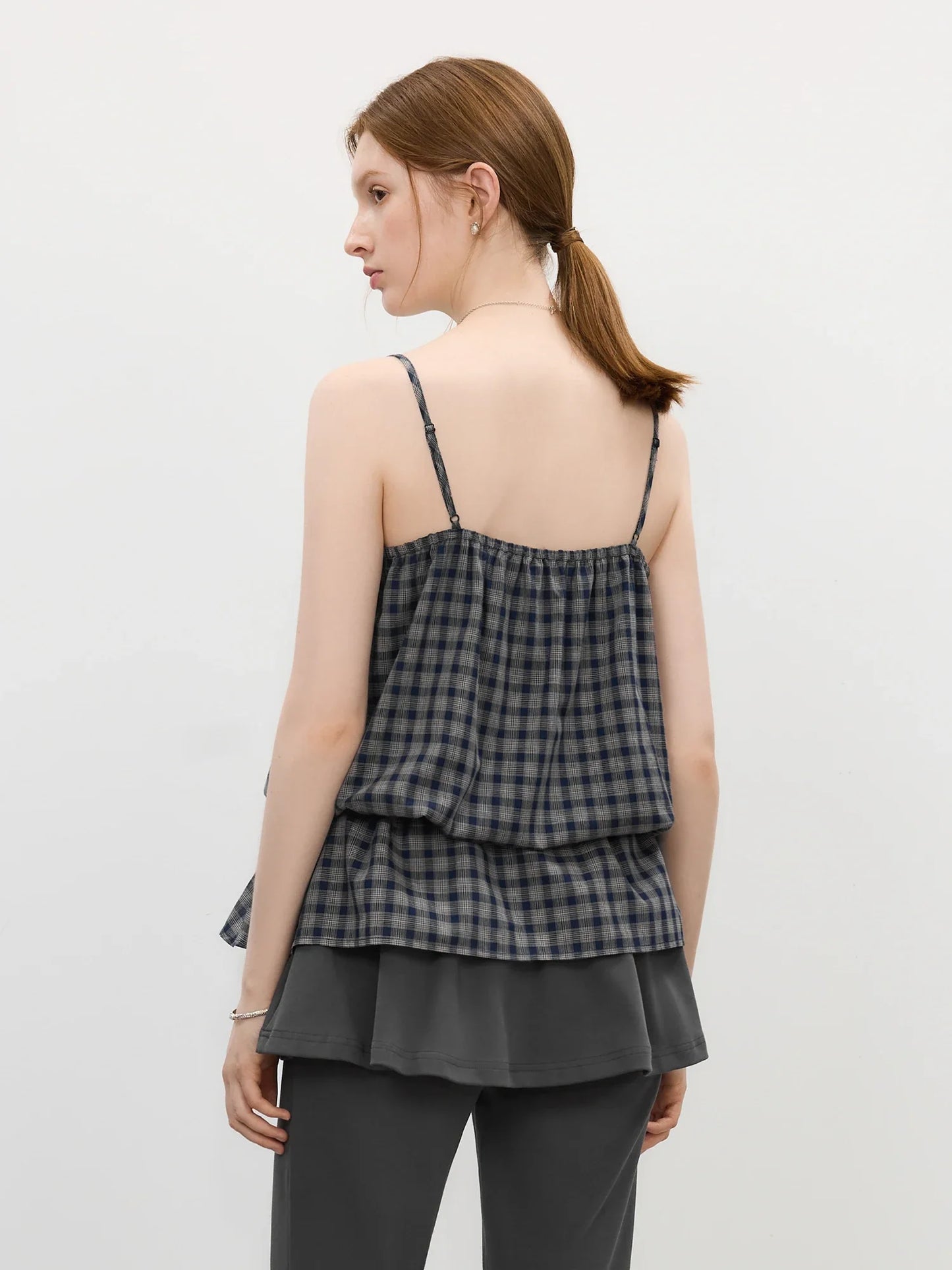 Stylish Retro Checkered Strappy Fitted Top for Women 2025 Summer New Arrival Tanks Camis V-neck suspenders 25FS12853