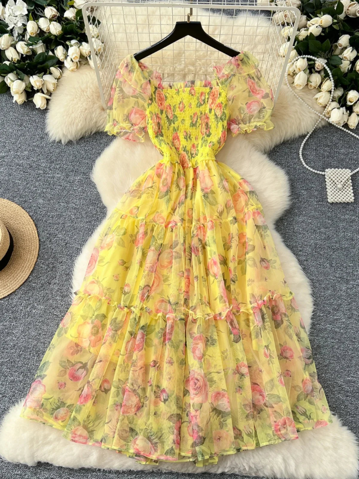 Retro Floral Chiffon Dr Women's Waist Cinched Bubble Sve Me Skirt Tea Break Gentle Soft Sle Korean High Waist A-Lin...