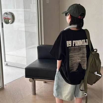 Black Graffiti Letters Pure Cotton Short Sleeve T-Shirt for Tween Boys Loose Fit Summer Youthful Wear Kids Outerwear Clothing
