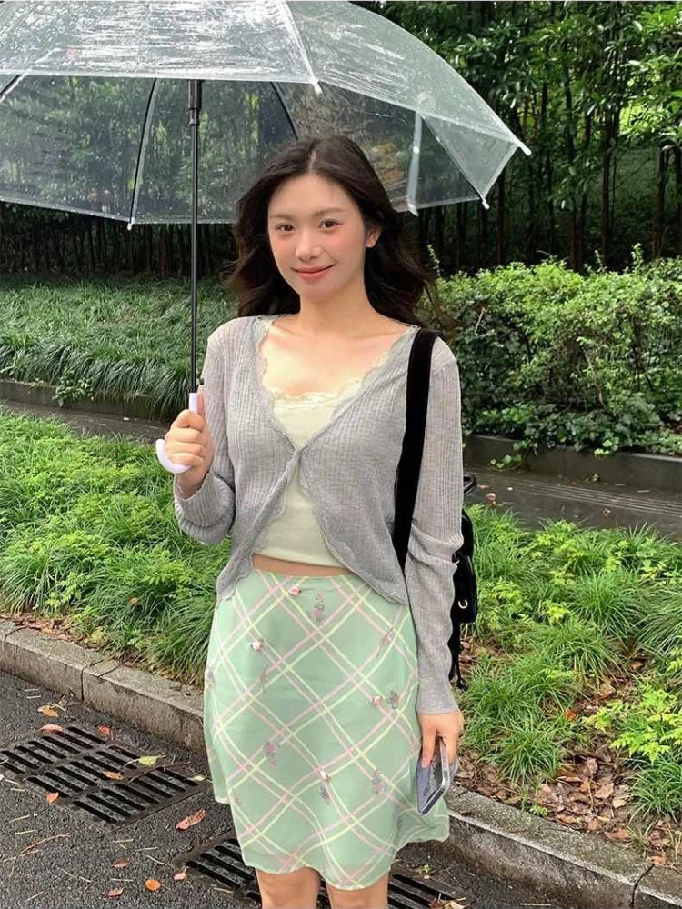 Sweet Elegant Floral Skirt Women Korean Style Vintage Green Plaid Skirts Y2k Harajuku Summer Fashion Mesh Mid Skirts
