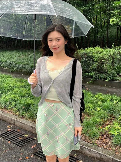 Sweet Elegant Floral Skirt Women Korean Style Vintage Green Plaid Skirts Y2k Harajuku Summer Fashion Mesh Mid Skirts