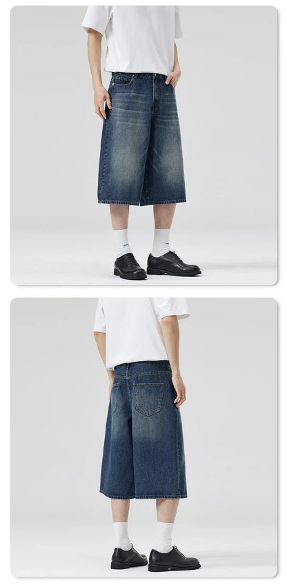 Summer New Fashion Denim Shorts Loose Straight Casual Vintage American Personality Jeans Streetwear Male Short Pants