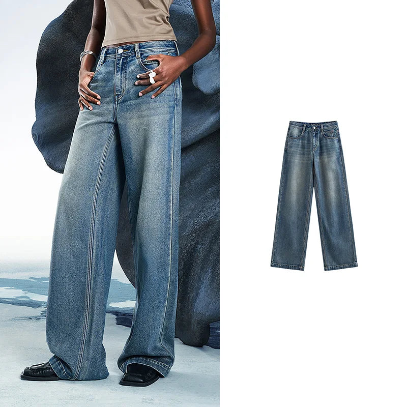 Women Denim Jeans 2025 Spring New Acetate Wide Leg Mid Low Waist Slim Fit Straight Wide Leg Pants