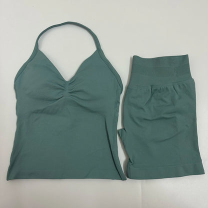 Yoga Set Women Padded Halter Tank Top Scrunch Butt Lifting Gym Shorts Set Summer Sportswear Workout Clothes