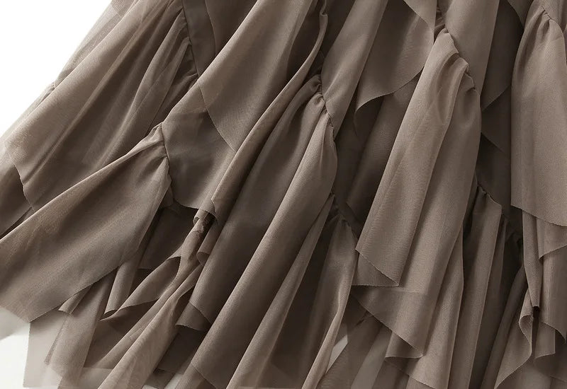 Women's Lotus Leaf Edge A Line Fairy Elastic Waist Tulle Skirt Midi High Waist Mesh Dress Solid Color Irregular Yarn Skirt D8808