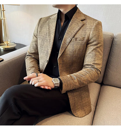 High Quality Meteor Grid Suit Jackets Men British Style Slim Fit Business Casual Fashion Blazers Formal Men Wedding Party Tuxeds