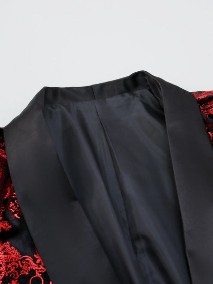 Men's Long-sleeved Suit Jacket, Purple Printed Black Collar Single-button Coat, Wedding/Party/Stage Performance Blazers