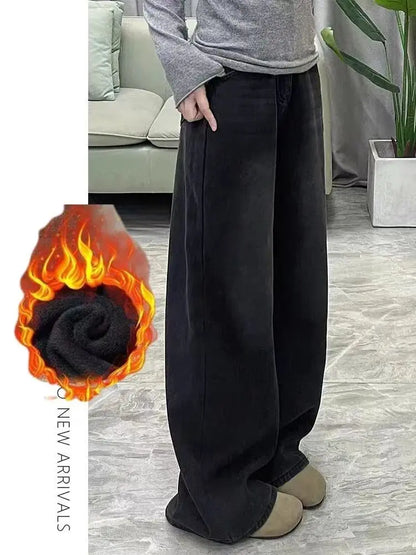 Womens Jeans Y2k Jeans Flared Trousers Black Gray Straight Leg Winter Warm Fleece Lined Loose Fit High Waist Wide Leg Fashion
