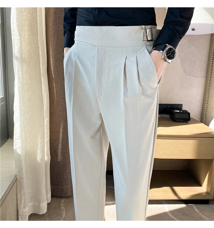 British Style Men High Waist Casual Dress Pant Men Belt Design Slim Trousers Formal Office Social Wedding Party Dress Suit Pants