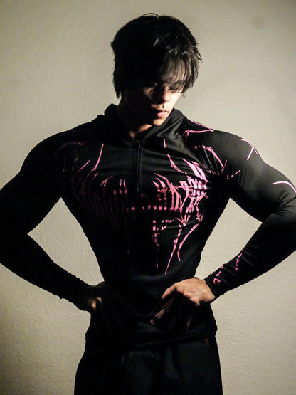 2026 Spring Summer New Men's Black Hooded Sports Compression Long Sleeve Shadow Style Street Subcultural Style