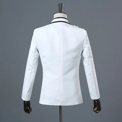 New Men Luxury Decal Suits Black / Red / Blue / White Fashion Singer Host Stage Performance Splicing Flower Blazers and Pants