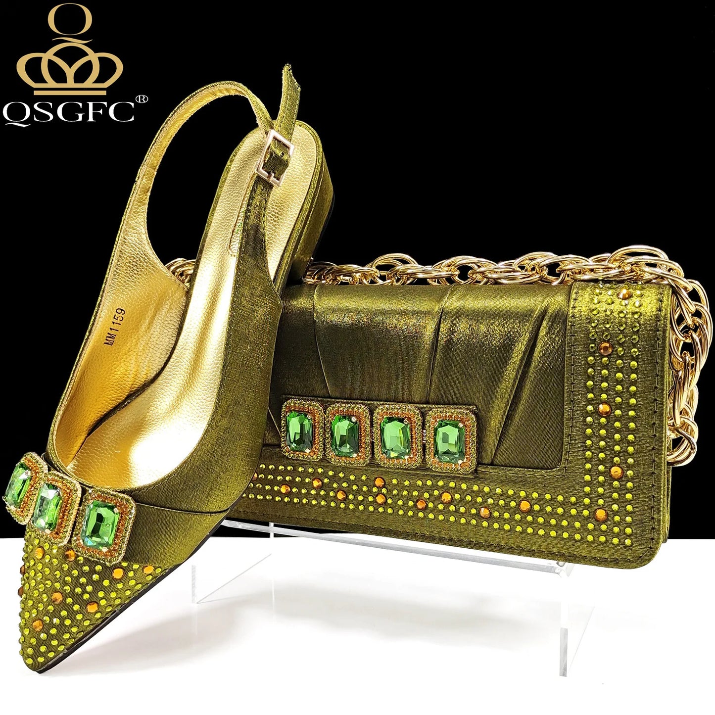 New Italian Olive Pumps and Bag for Party 2024 INS Style Pointed-Toe Rhinestone Elegant Low Heels Wedge for Wome