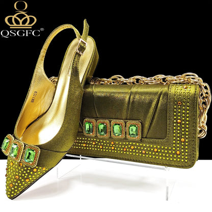 New Italian Olive Pumps and Bag for Party 2024 INS Style Pointed-Toe Rhinestone Elegant Low Heels Wedge for Wome