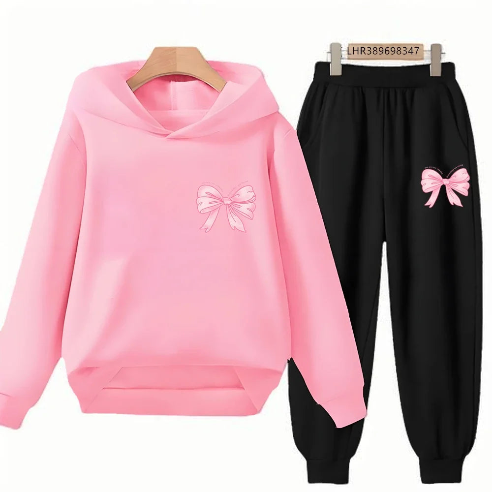 Fashion Kids Clothes Bow Print Children Hoodie 3-12 Years Boys Girls Red Pink Casual Tops+Pants Sets Long Sleeves Autumn