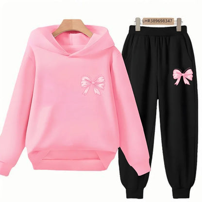 Fashion Kids Clothes Bow Print Children Hoodie 3-12 Years Boys Girls Red Pink Casual Tops+Pants Sets Long Sleeves Autumn
