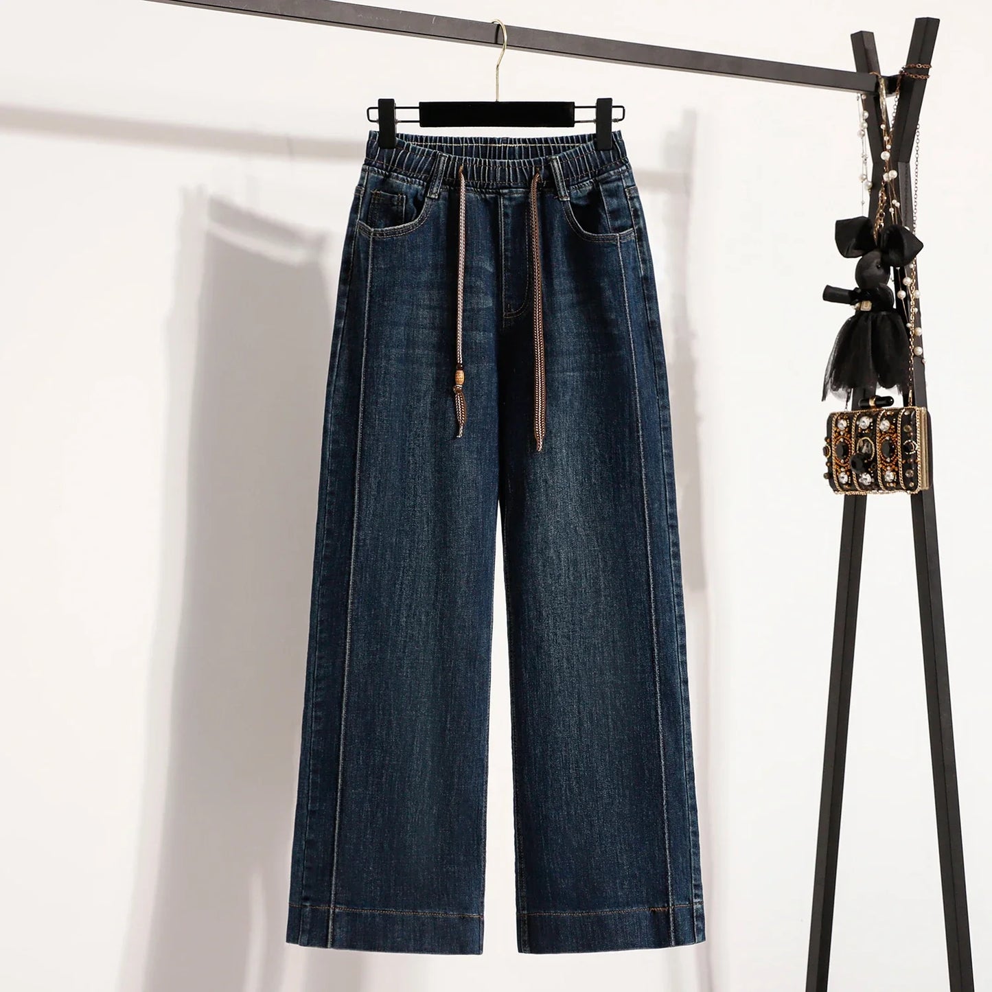 Slimming Wide Leg Jeans Women's Casual Straight Cut Spring Autumn ular plus Size Cotton Stretch Denim Pure Color