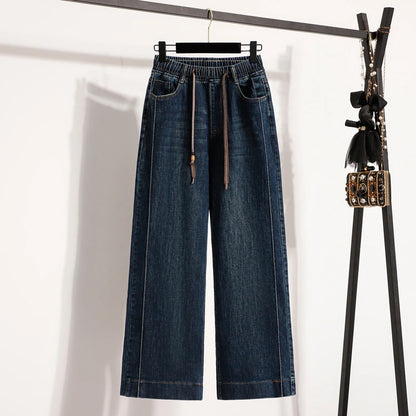Slimming Wide Leg Jeans Women's Casual Straight Cut Spring Autumn ular plus Size Cotton Stretch Denim Pure Color