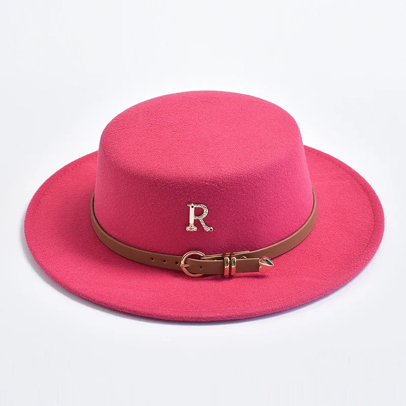 New Metal R Letter Fedora Hat for Women Fashionable Winter Flat Top Wedding Church Bowler Cap Females Elegant Holidays Hat