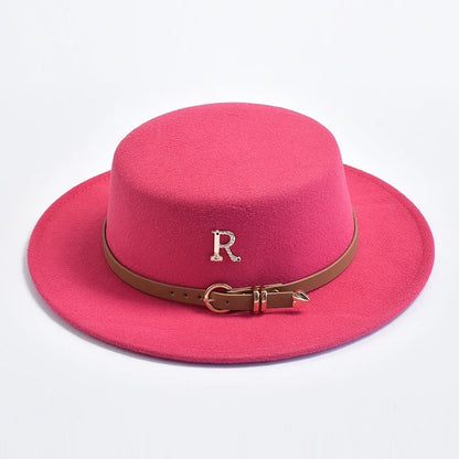 New Metal R Letter Fedora Hat for Women Fashionable Winter Flat Top Wedding Church Bowler Cap Females Elegant Holidays Hat