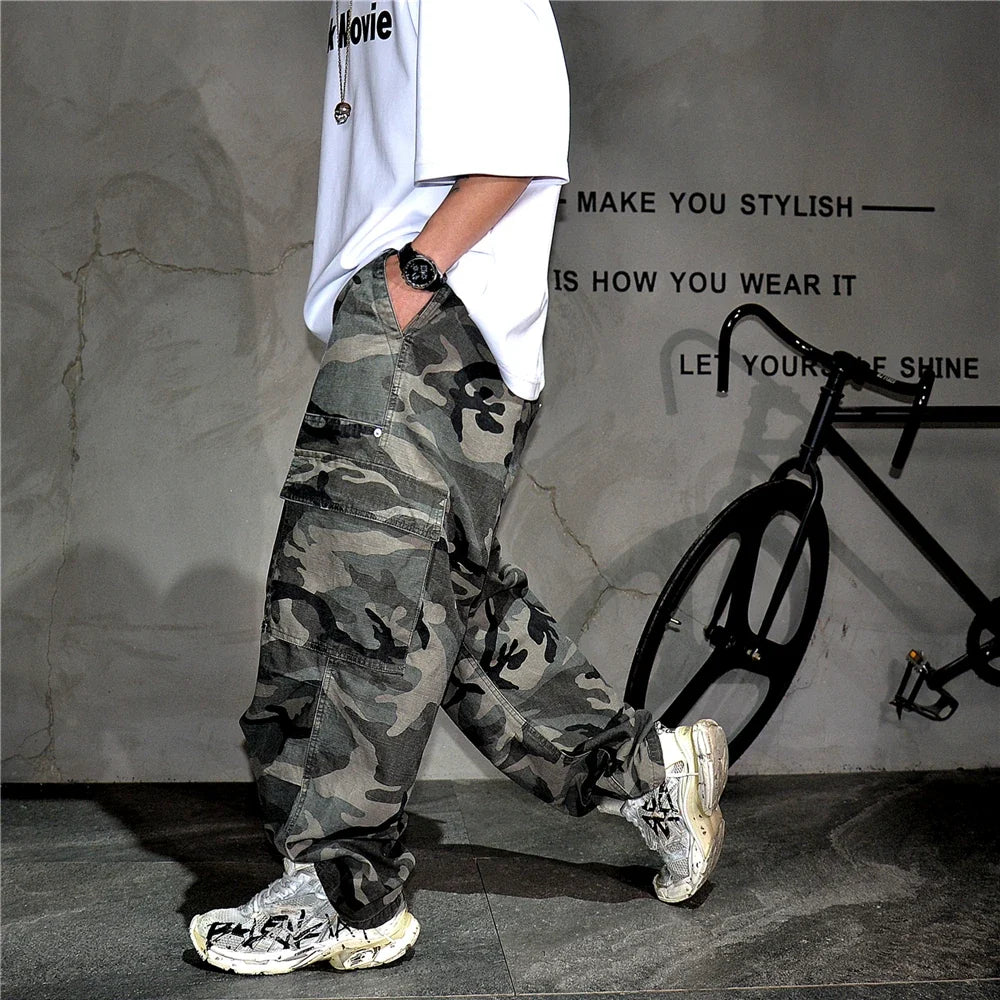 Mens American Tactical Cargo Pants Premium Camo Baggy Loose Fit Vintage Streetwear Korean Style Trendy Workwear Khaki Pants Male