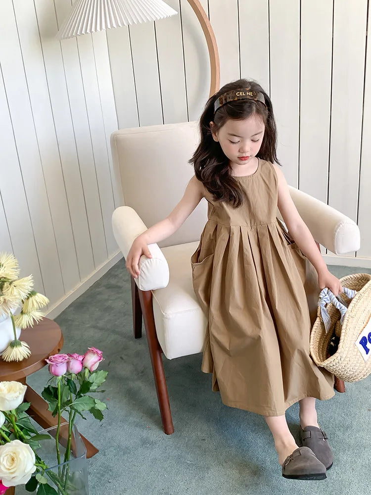 2026 New Summer Children Girls Sleeveless Dress Teen Solid Color Cotton Loose Casual Sundress Kids Vacation Style Princess Dress
