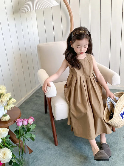 2026 New Summer Children Girls Sleeveless Dress Teen Solid Color Cotton Loose Casual Sundress Kids Vacation Style Princess Dress
