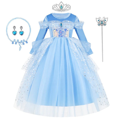 Girl Cinderella Dress Long Sleeve Princess Cosplay Costume Blue Sequin Children Bithday Surprise Kids Ball Gown