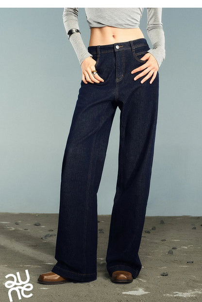 Women Denim Jeans 2025 Autumn New Lycra Stretch Washed Wide Leg Straight Long Pants
