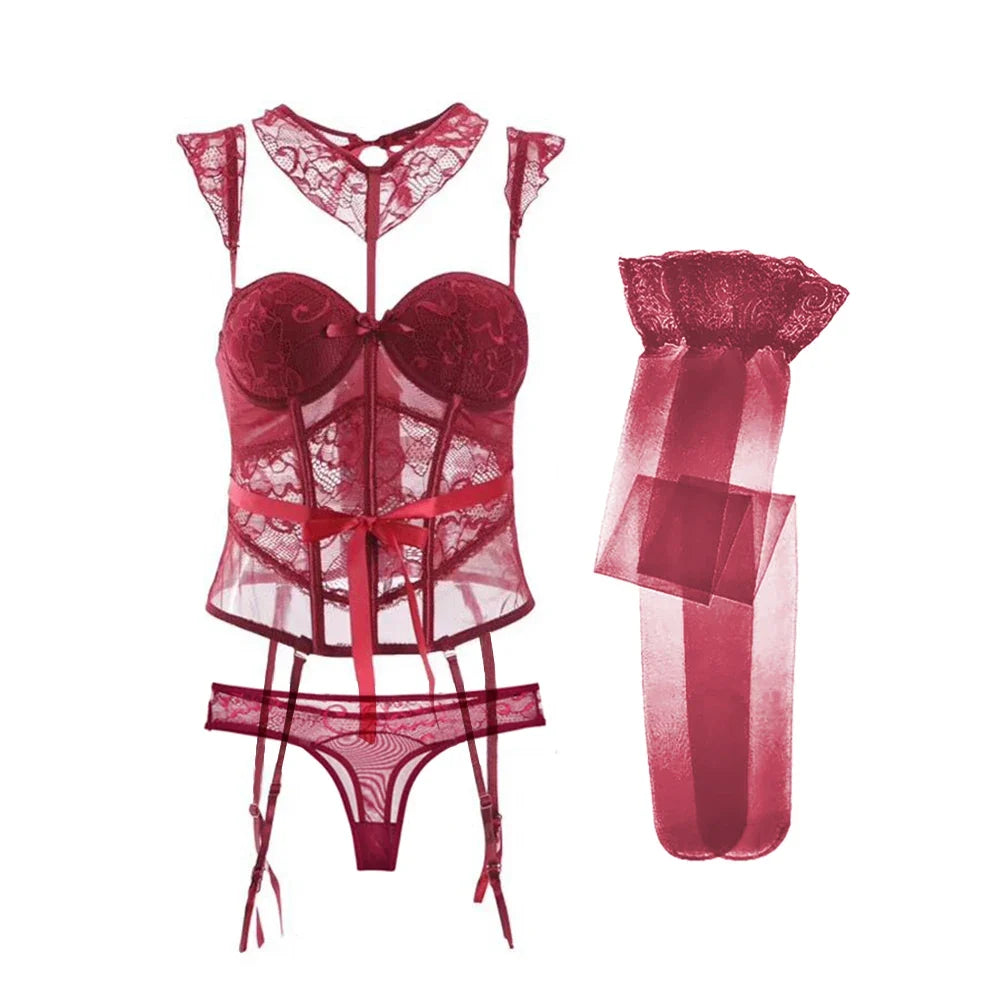 Sexy Lace Corset Body Shapewear Set Women Bustier with Suspenders Stockings Choker 4pcs Body Shapers Lingerie