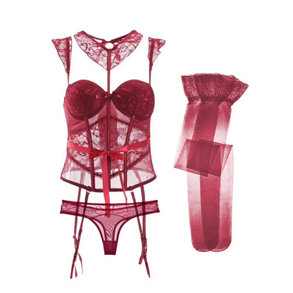 Sexy Lace Corset Body Shapewear Set Women Bustier with Suspenders Stockings Choker 4pcs Body Shapers Lingerie