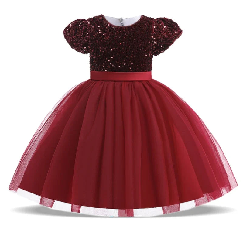 Summer Sequins Bow Party Dress For Girl Christmas Costume Elegant Wedding Princess Girls Dresses Lace Birthday Prom Gown Evening