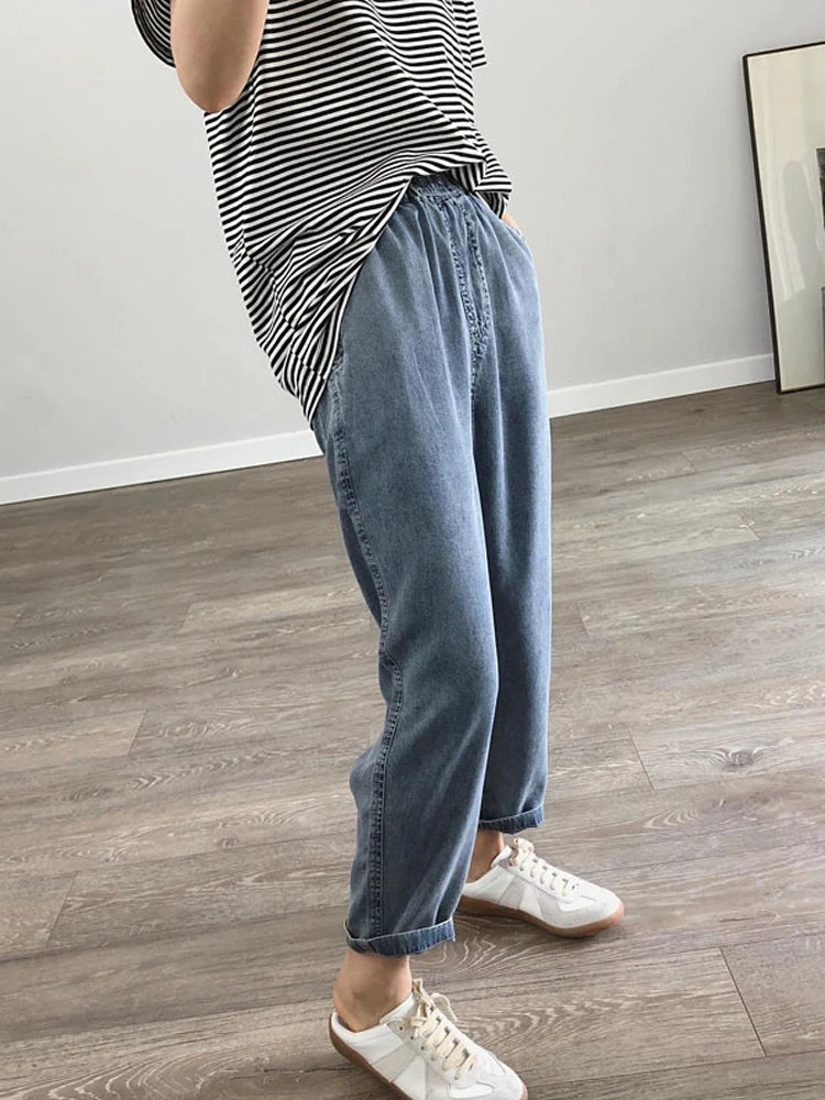 Summer Plus Size Jeans Woman Casual Loose Baggy Denim Harem Pants Elastic Waist Thin Cotton Mom Jeans Women Ankle-Length Slacks